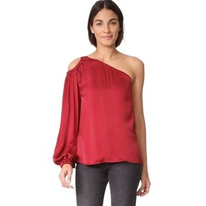 Elizabeth and James red satin, one sleeve, one cold shoulder blouse